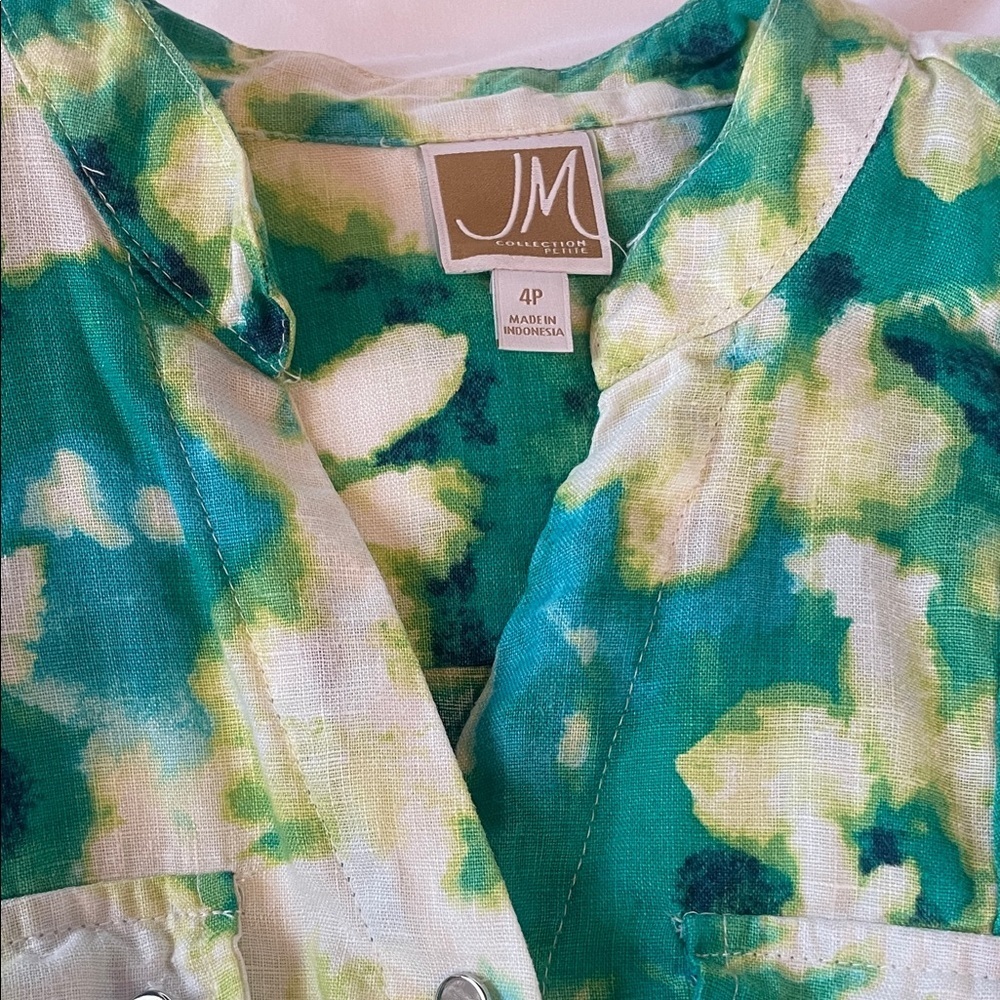 JM Collection Green and White Patterned Blouse 💯 Linen - Picture 4 of 6